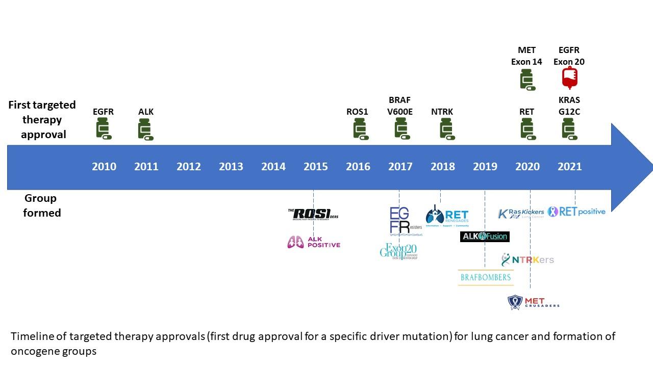 Timeline of targeted therapy approvals (first drug approval for a specific driver mutation) for lung cancer and formation of oncogene groups 