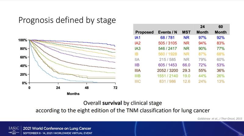 two charts showing Overall Survival by clinical stage according to the eight edition of the TNM classification for lung cancerPrognosis defined by stage