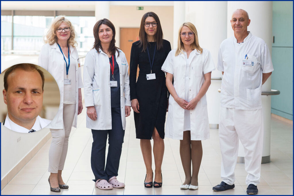 The winning Cancer Care Team representing Europe is from the Medical University of Gdańsk in Gdańsk, Poland. Pictured (from left) are Edyta Szurowska, MD; Katarzyna Dziadziuszko, MD; Joanna Bidzińska, MD; Małgorzata Jelitto-Górska; and Witold-Rzyman, MD; and (inset) Rafał Dziadziuszko, MD.