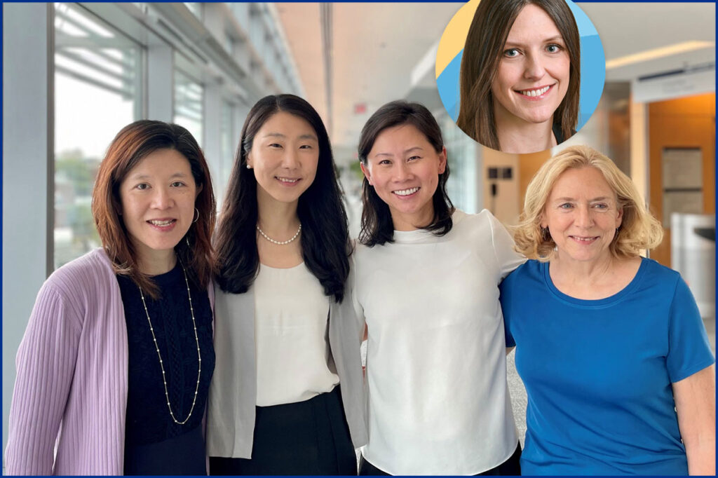 The winning Cancer Care Team representing North America is from Massachusetts General Hospital in Boston, Massachusetts, and partner New York Oncology Hematology in Albany, New York. Pictured (from left) are Jessica Lin, MD; Helen Shih, MD; Nancy Wang, MD; Peggy Leland, NP; and (inset) Makenzi Evangelist, MD, of partner practice New York Oncology Hematology.